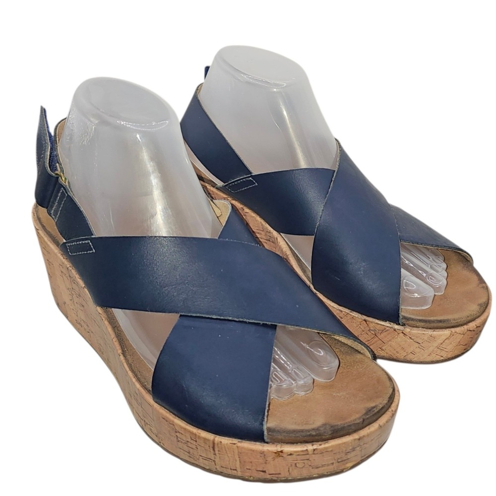 Clarks Collection Blue Leather Cork Platform Wedge Sandals Womens Sz 9
